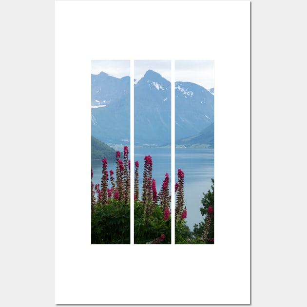 Wonderful landscapes in Norway. Vestland. Beautiful scenery of Romsdal Fjord from the Torvikeidet village. Nice flower composition in foreground. Snowed mountains Summer cloudy day (vertical) Wall Art by fabbroni-art